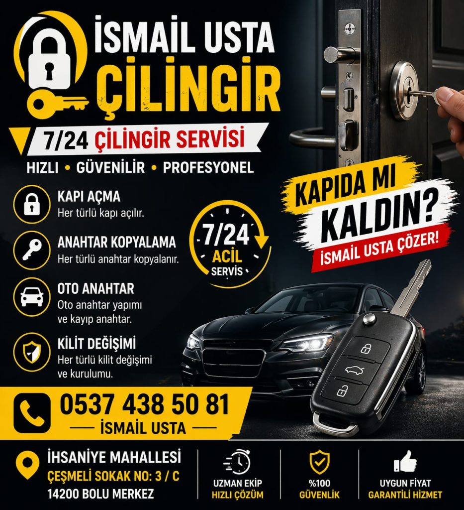 Bolu İhsaniye Mahallesi Çeşmeli Sokak'ta bulunan, 7/24 acil çilingir tabelalı Anahtarcı İsmail dükkan dış cephesi ve servis araçları