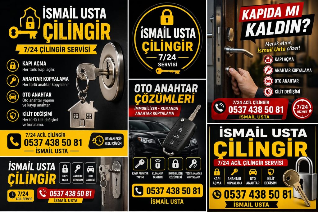 Bolu Anahtarcı İsmail dükkan dış cephesi, 7/24 acil çilingir tabelası, iki adet 0537 438 50 81 numaralı servis aracı, iç mekanda Kale Kilit ürünleri ve İhsaniye Mahallesi sokak levhası.