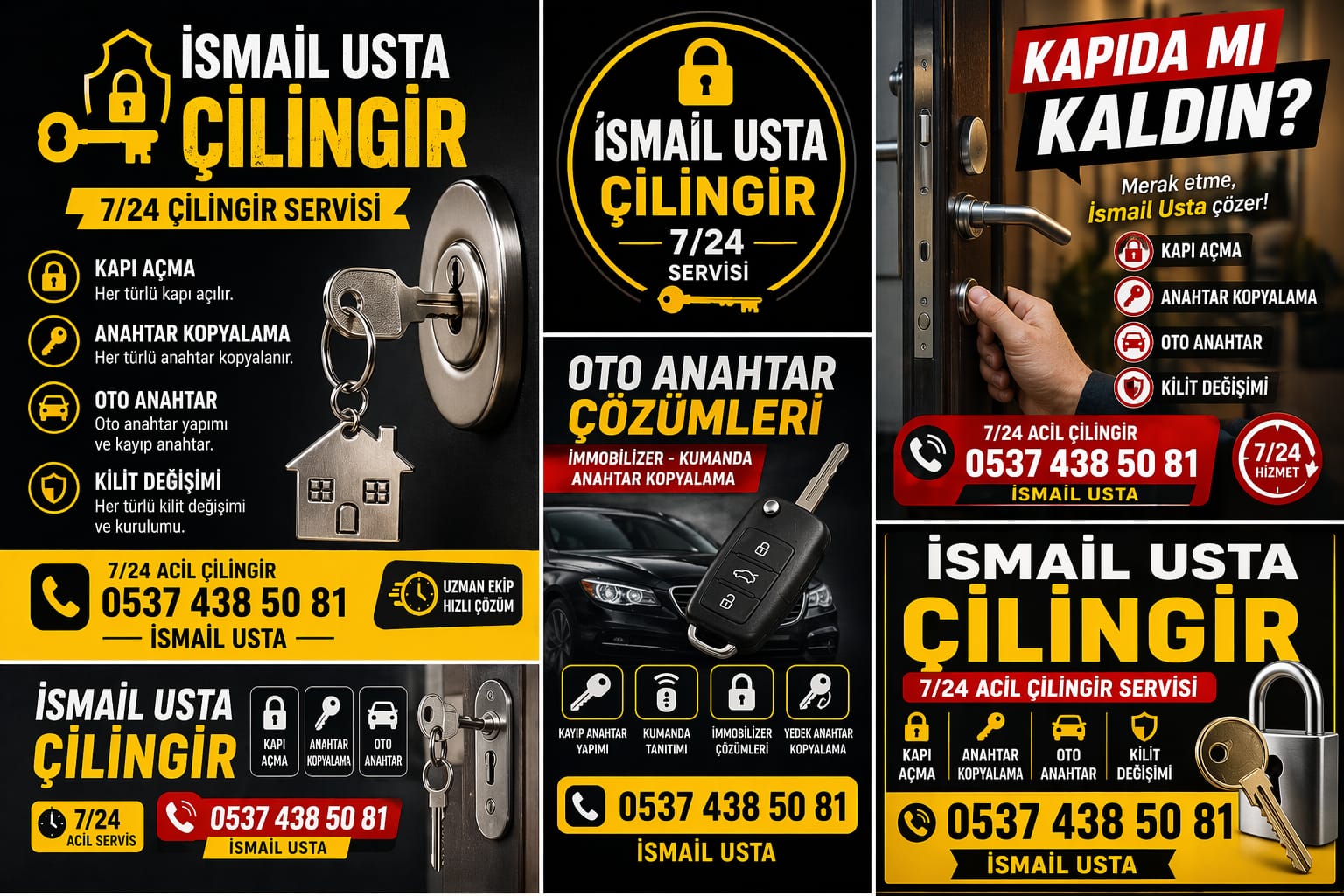 Bolu Anahtarcı İsmail dükkan dış cephesi, 7/24 acil çilingir tabelası, iki adet 0537 438 50 81 numaralı servis aracı, iç mekanda Kale Kilit ürünleri ve İhsaniye Mahallesi sokak levhası.